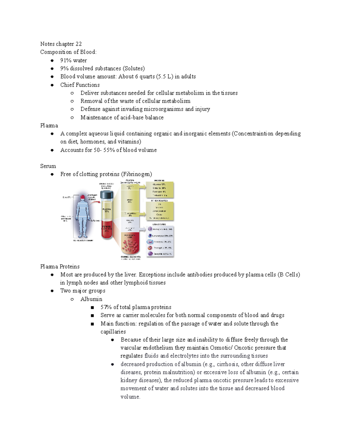 Ch 22 - Notes - Notes Chapter 22 Composition Of Blood: 91% Water 9% 