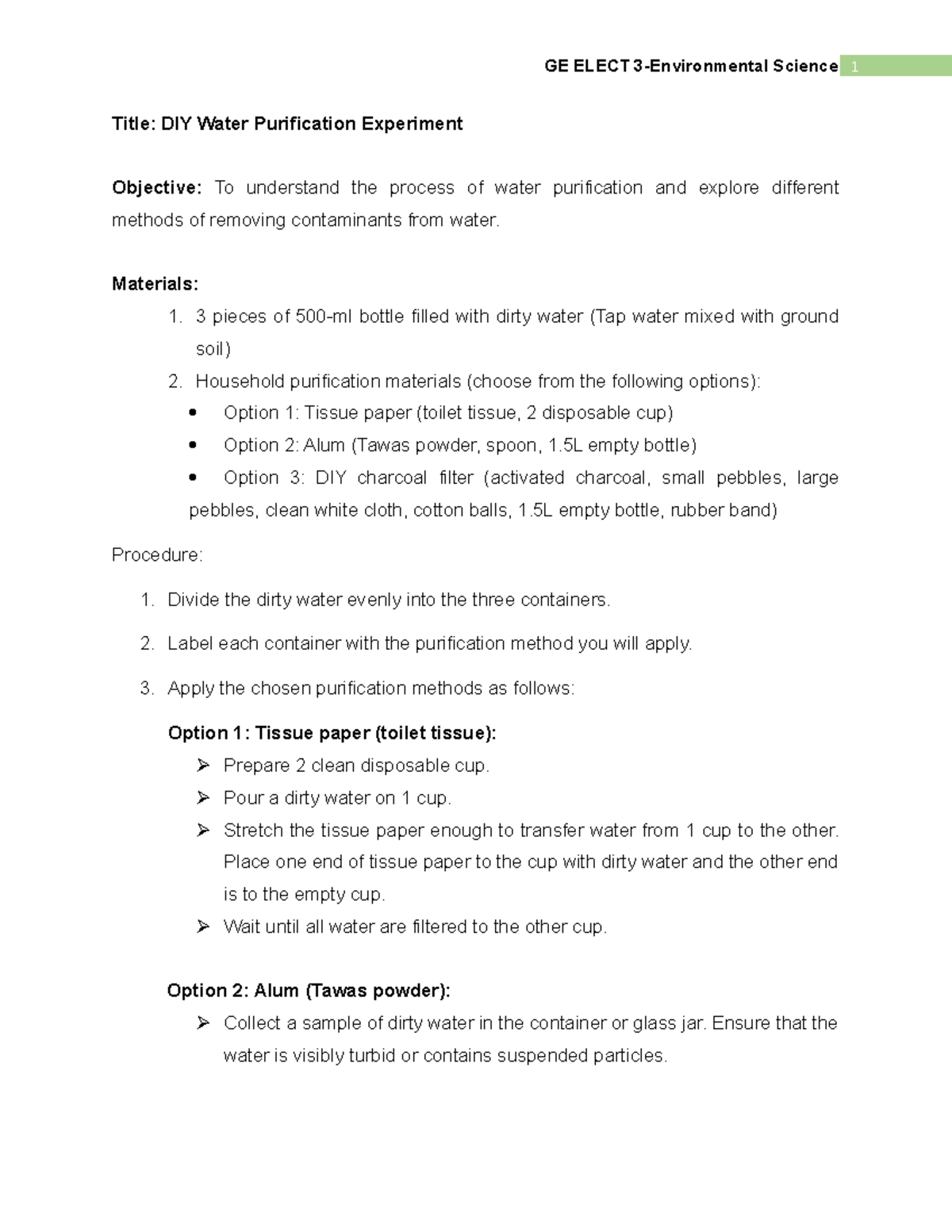 Activity kwkjbdjdd Title DIY Water Purification Experiment