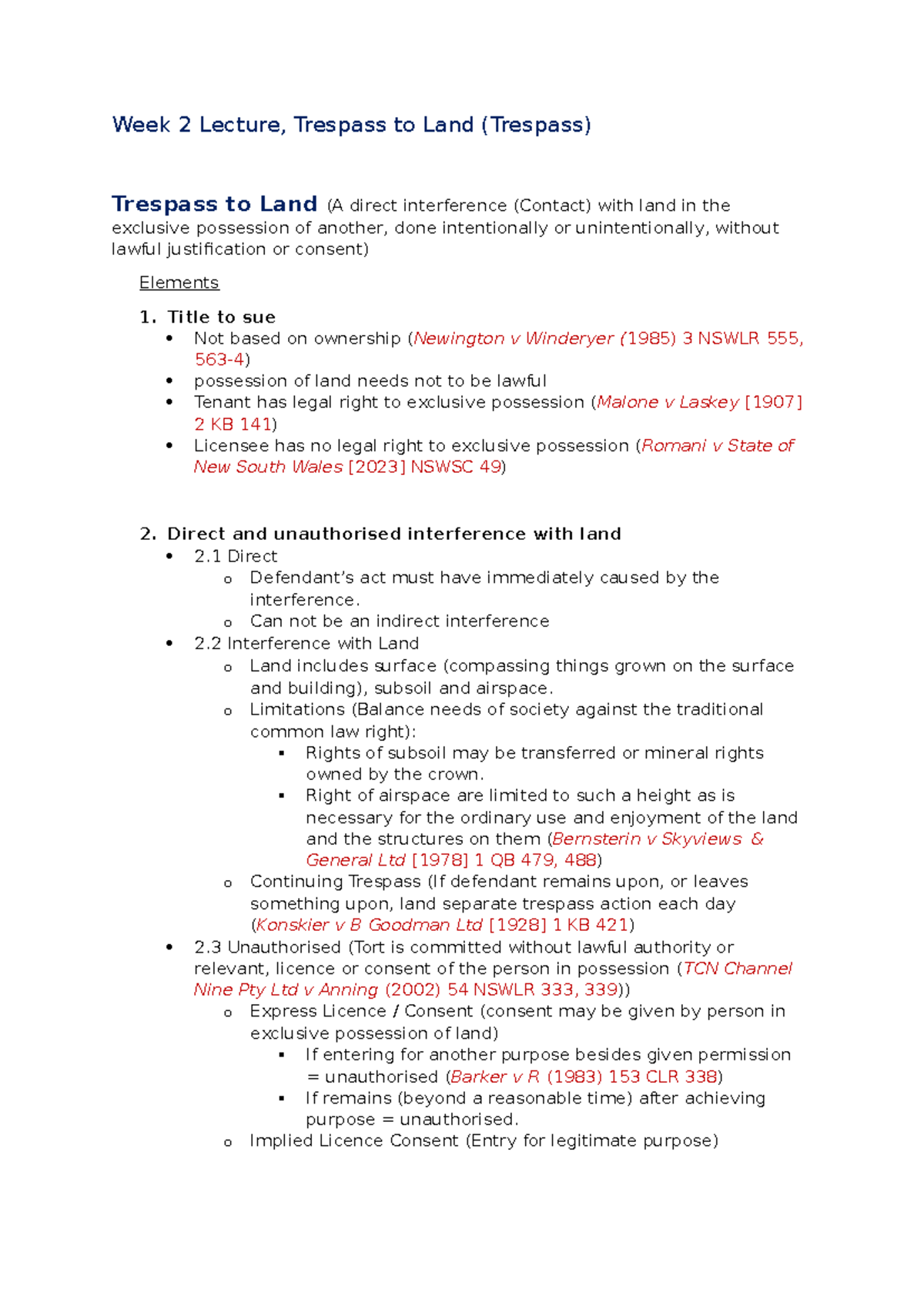 Week 2 Lecture - Week 2 Lecture, Trespass to Land (Trespass) Trespass ...