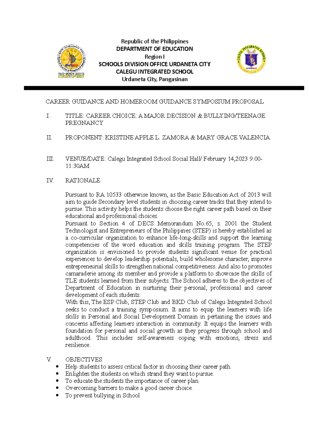 Proposal HG And ESP - Republic Of The Philippines DEPARTMENT OF ...