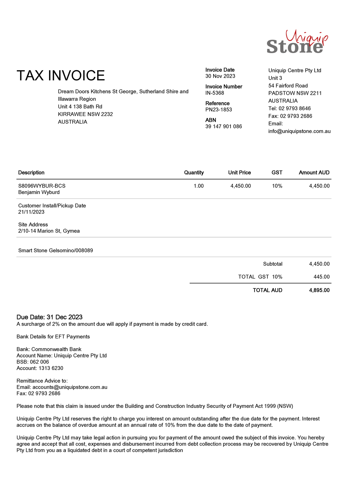 Invoice IN-5368 - TAX INVOICE Dream Doors Kitchens St George ...