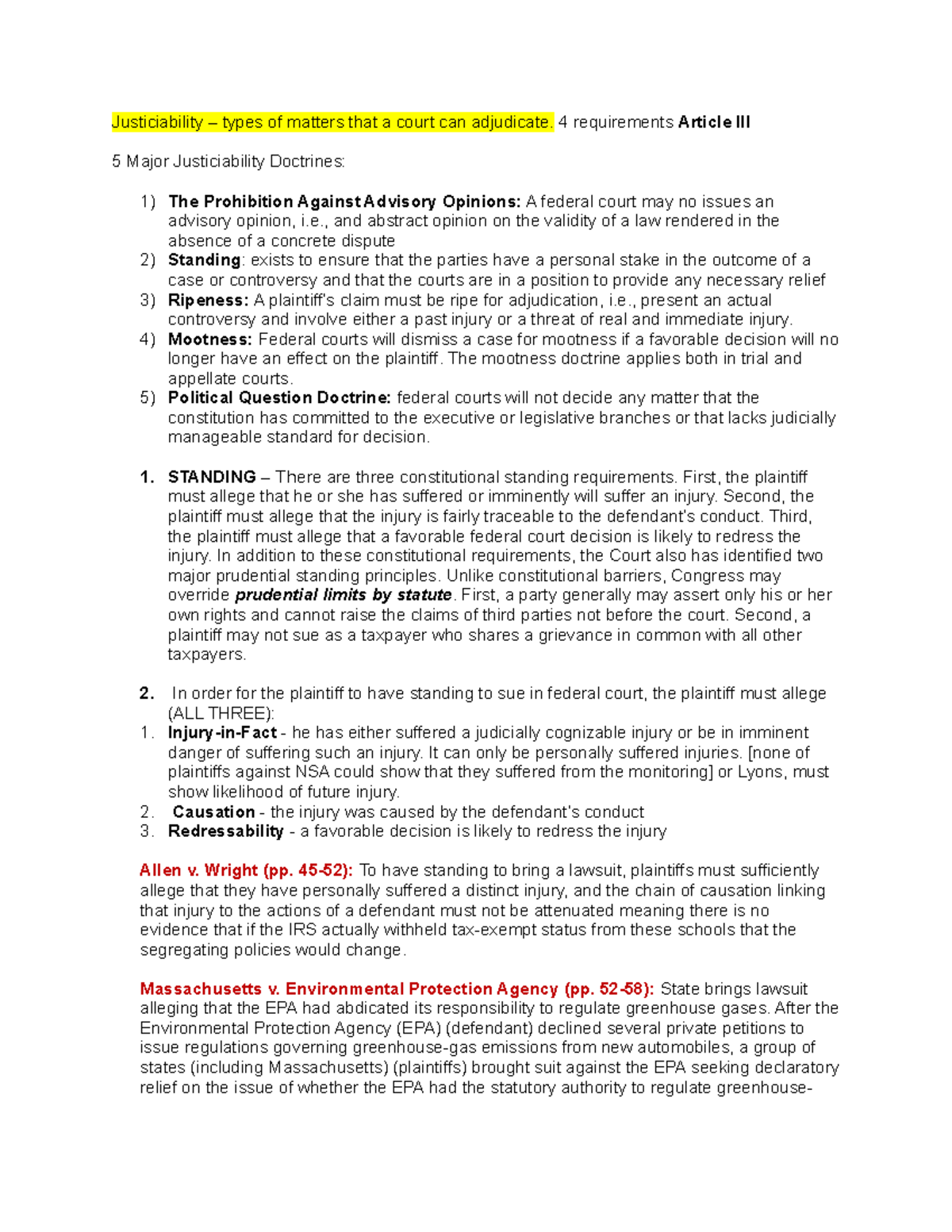 Con Law OUtline - Justiciability – types of matters that a court can ...