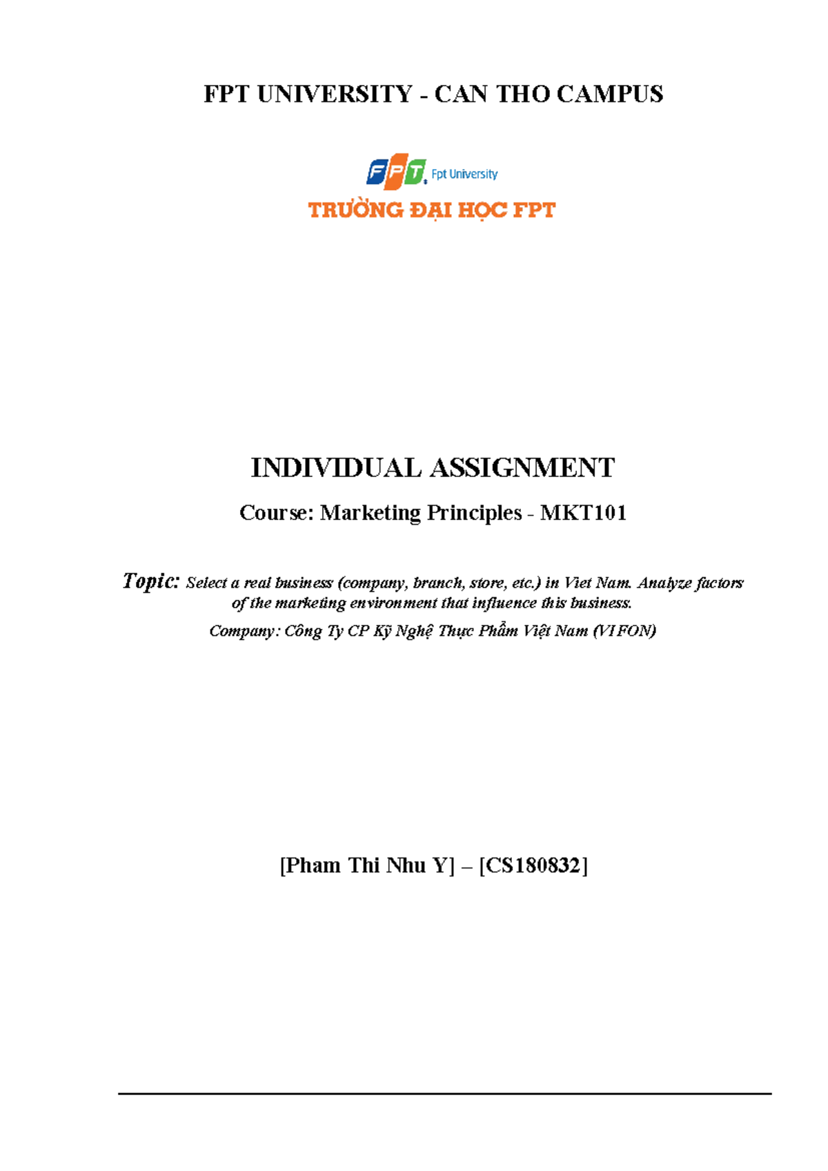 FA23.MKT101-Individual Assignment Guidelines - FPT UNIVERSITY - CAN THO ...