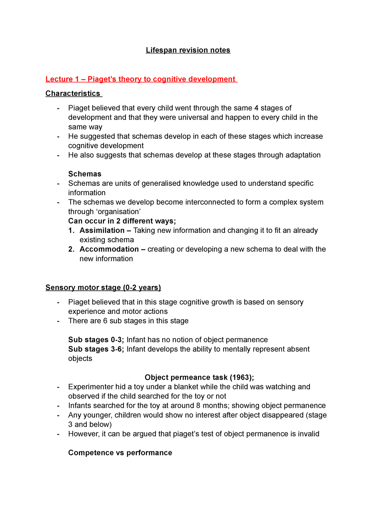 Lifespan revision notes final Lifespan revision notes Lecture 1