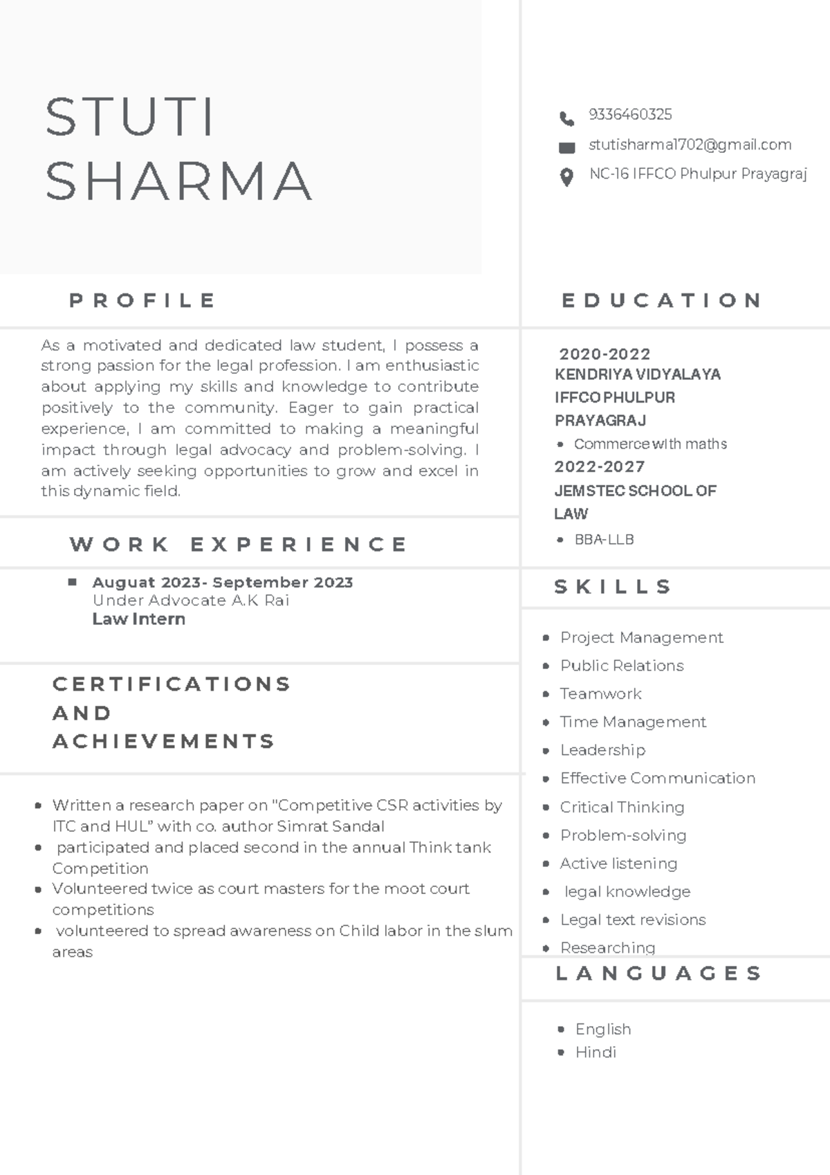 Gray and White Simple Professional Marketing Manager CV Resume - STUTI ...