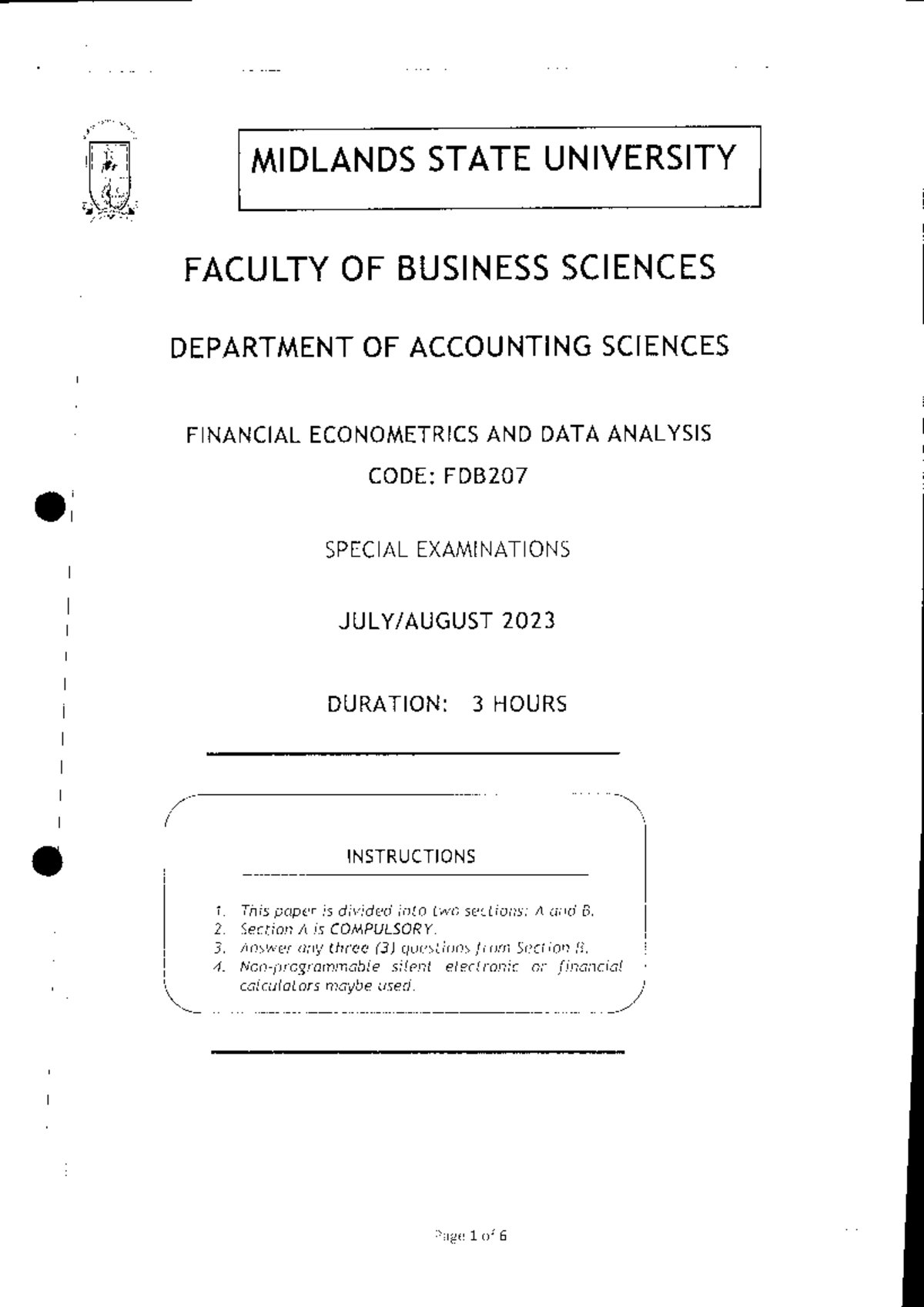 FDB207 AUG 2023 Financial Econometrics and digital banking exam