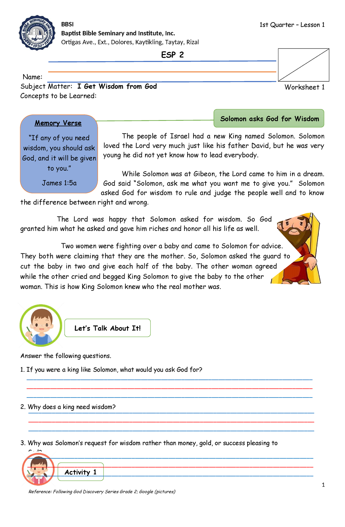 ESP L1 - Worksheet - 1st Quarter – Lesson 1 ESP 2 Name: Subject Matter ...