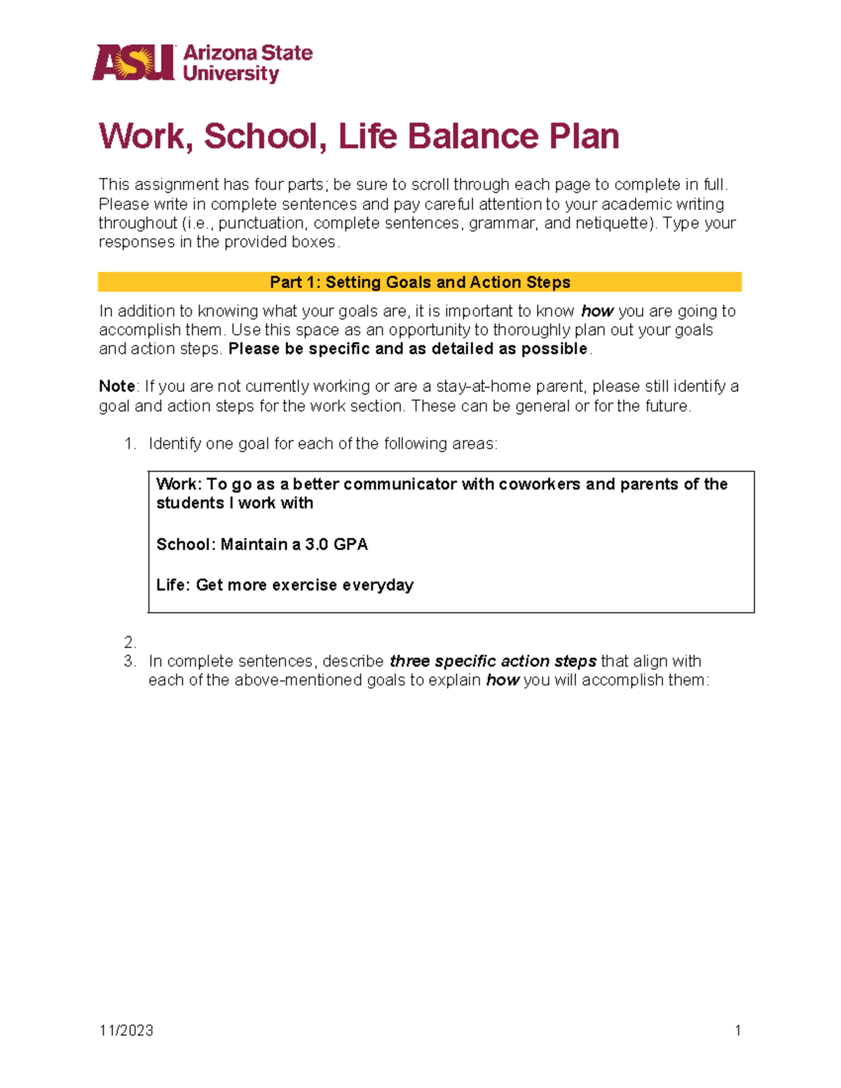 Work, School, Life Balance Plan (11 - Work, School, Life Balance Plan ...
