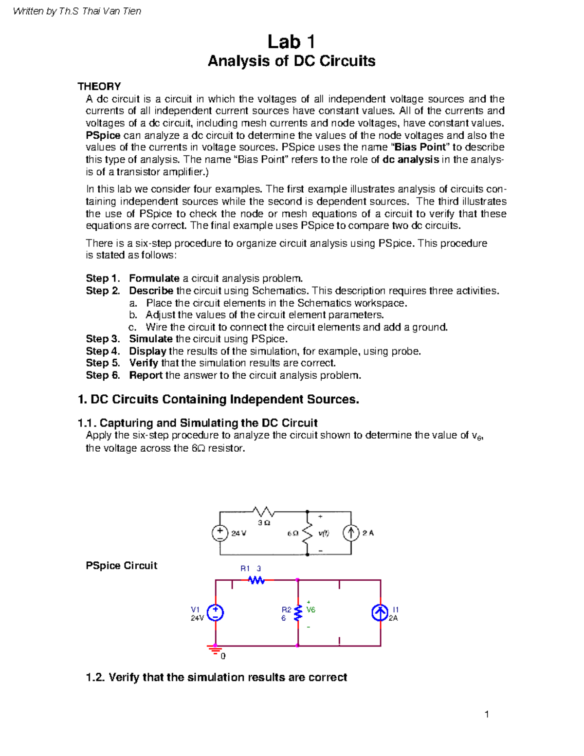 Lab 1 Analysis of DC Circuits 1 0 20 I 2A R 6 0V V 24V V + R1 3