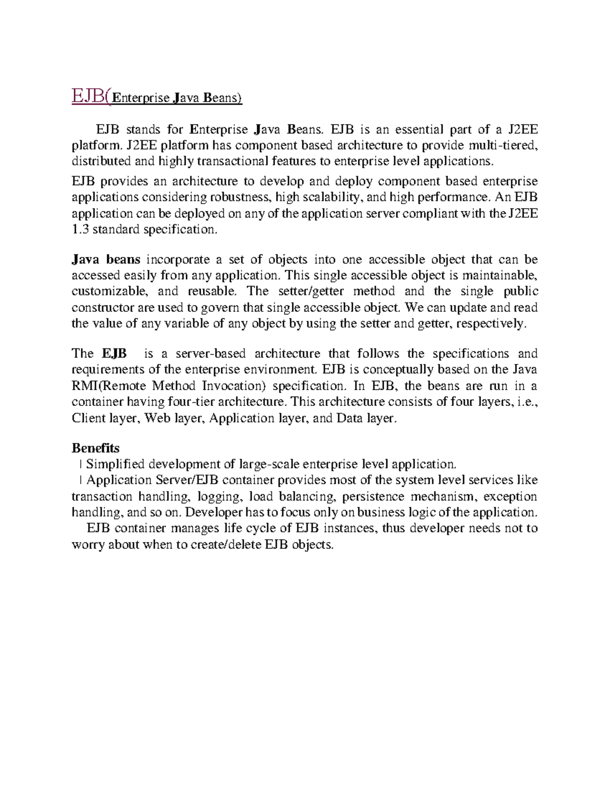 EJB - EJB is a topics in advanced java. - EJB( E nterprise J ava B eans ...