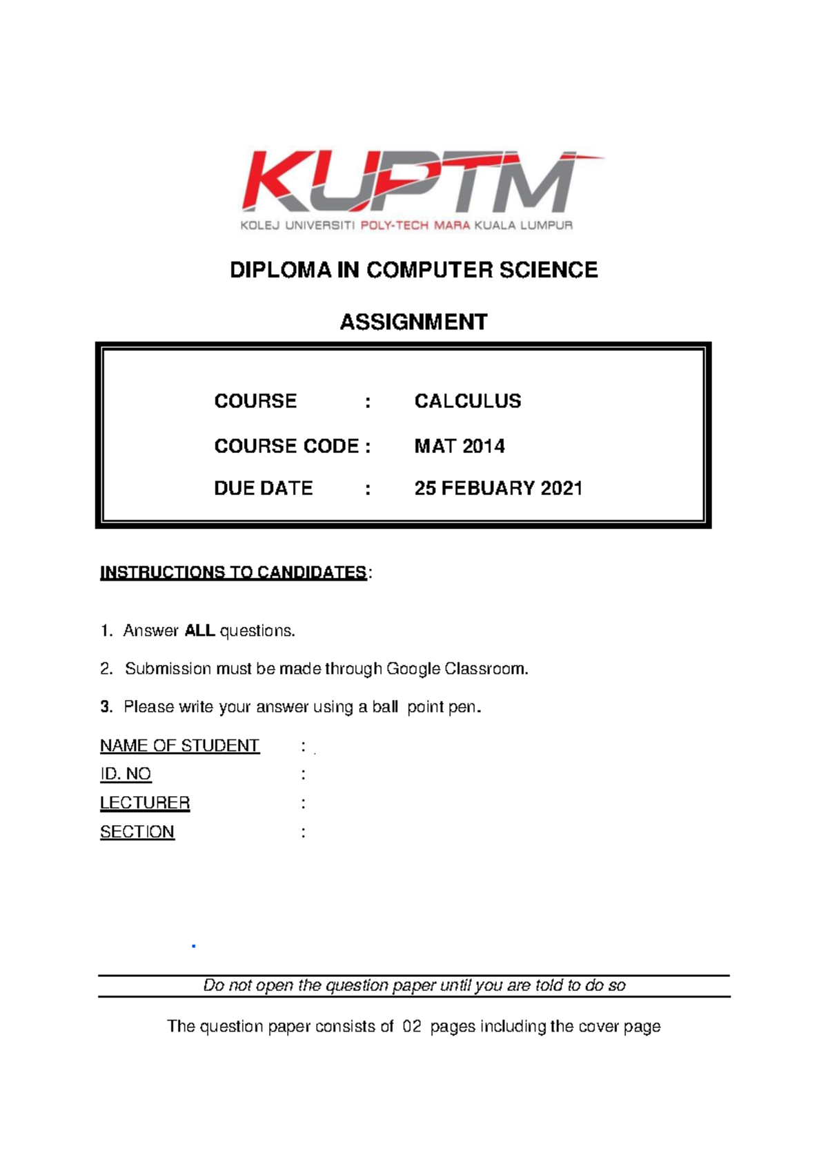 Assignment Calculus - Hope it helps! - COURSE : CALCULUS COURSE CODE ...
