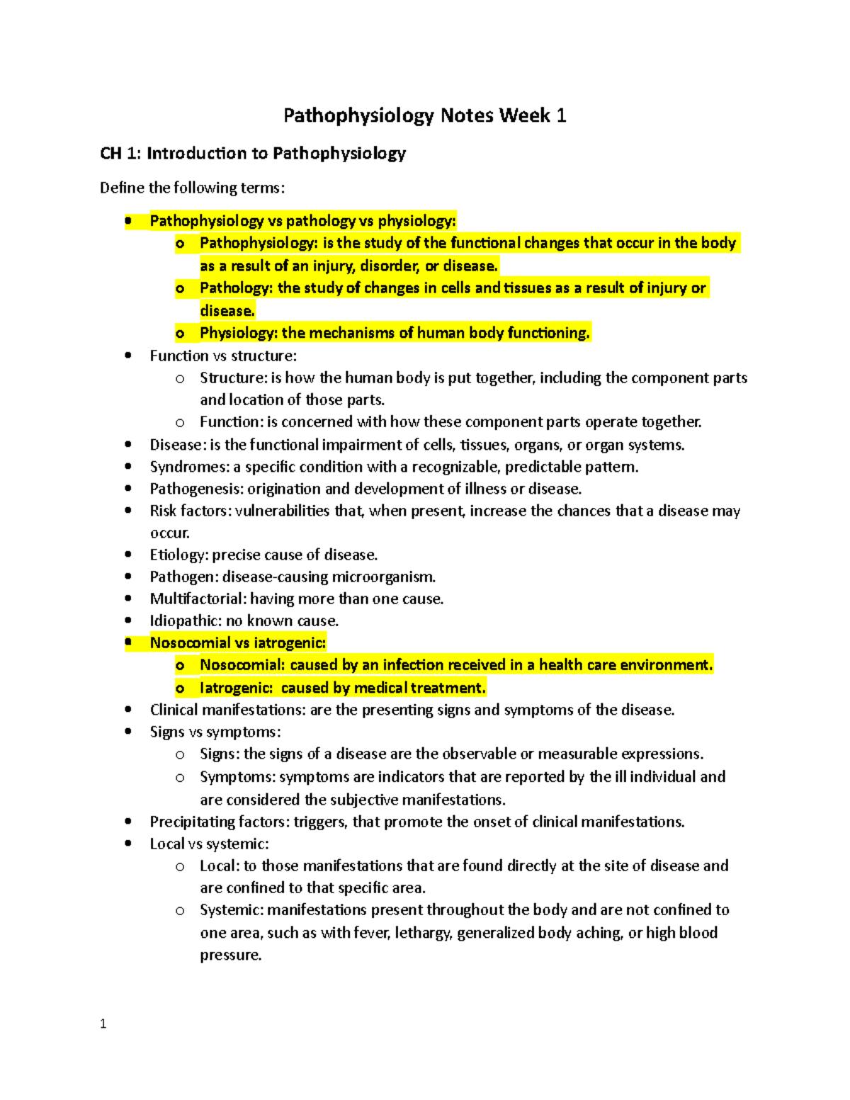 Pathophysiology Notes Week 1 - O Pathology: The Study Of Changes In ...