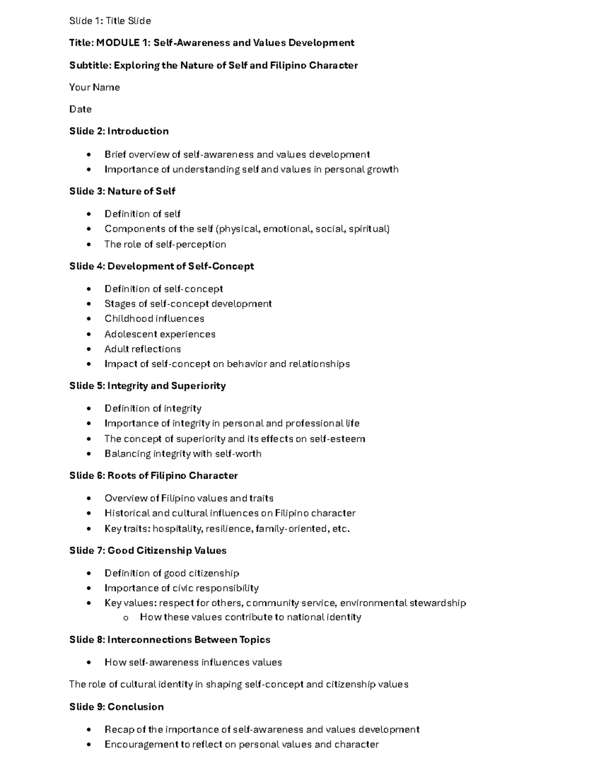NSTP1 Module 1 Outline - Slide 1: Title Slide Title: MODULE 1: Self ...