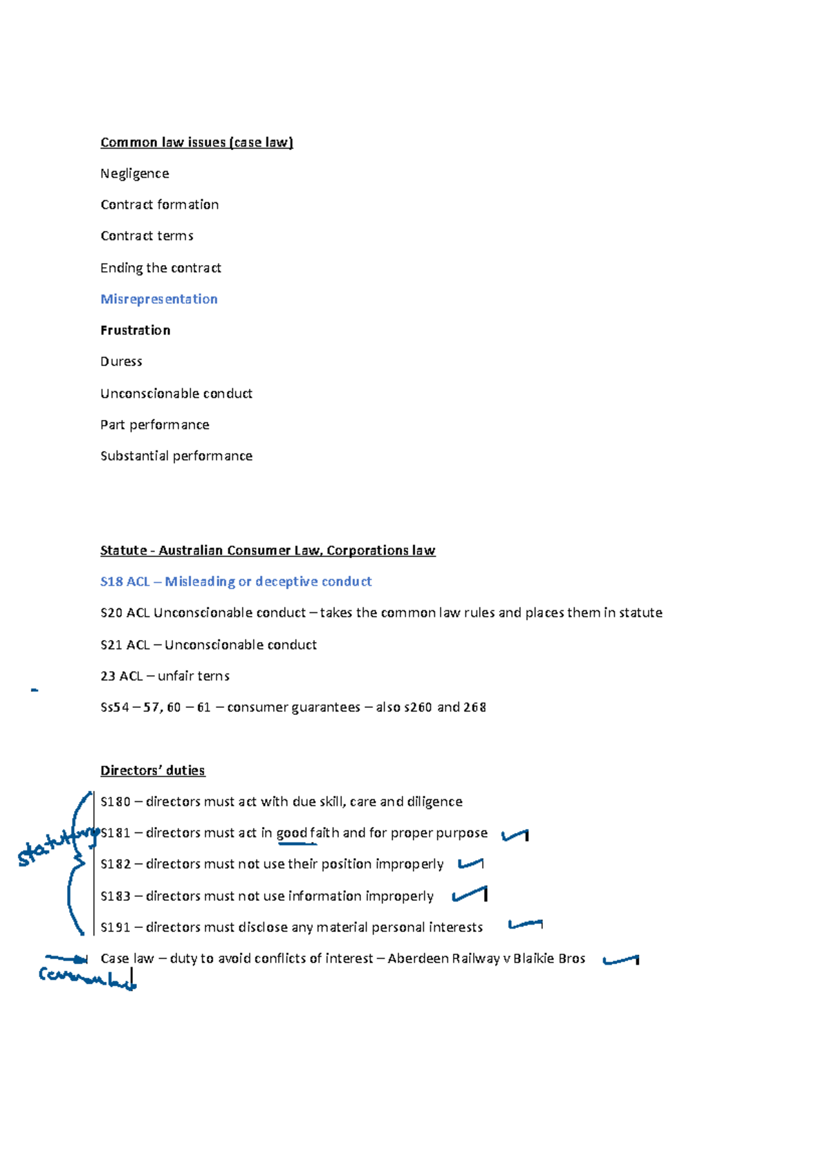Common law v statute issues Common law issues (case law) Negligence