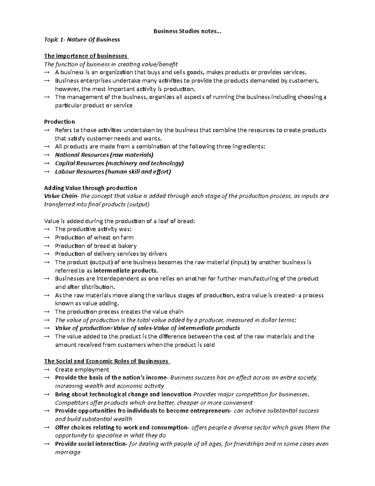 Business notes short - Business Studies notes... Topic 1- Nature Of ...