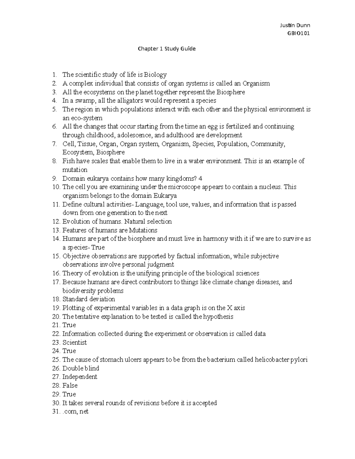 G BIO101 Chapter 1 Study Guide (1) - Justin Dunn GBIO Chapter 1 Study ...