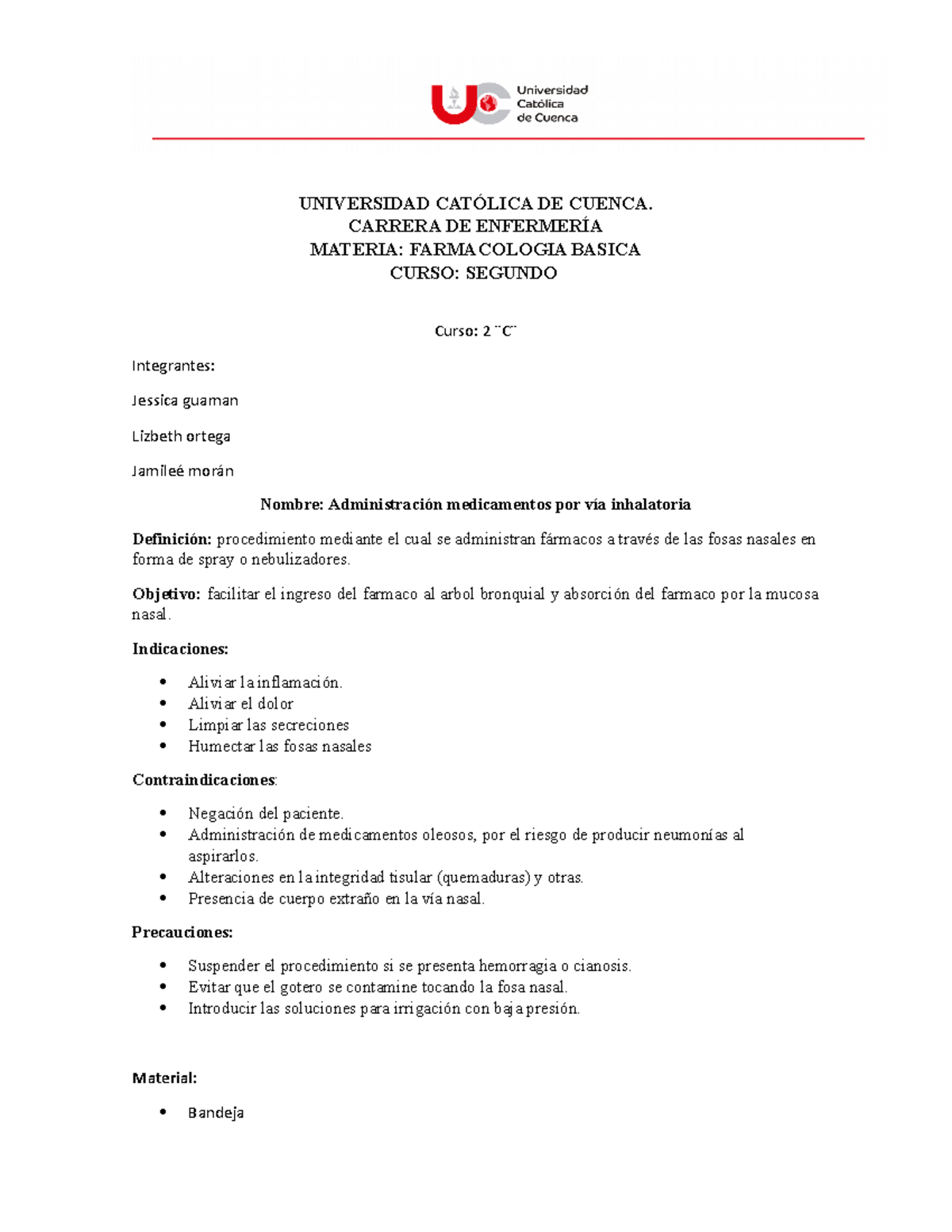VIA Inhalatoria - yhhj - UNIVERSIDAD CATÓLICA DE CUENCA. CARRERA DE ...