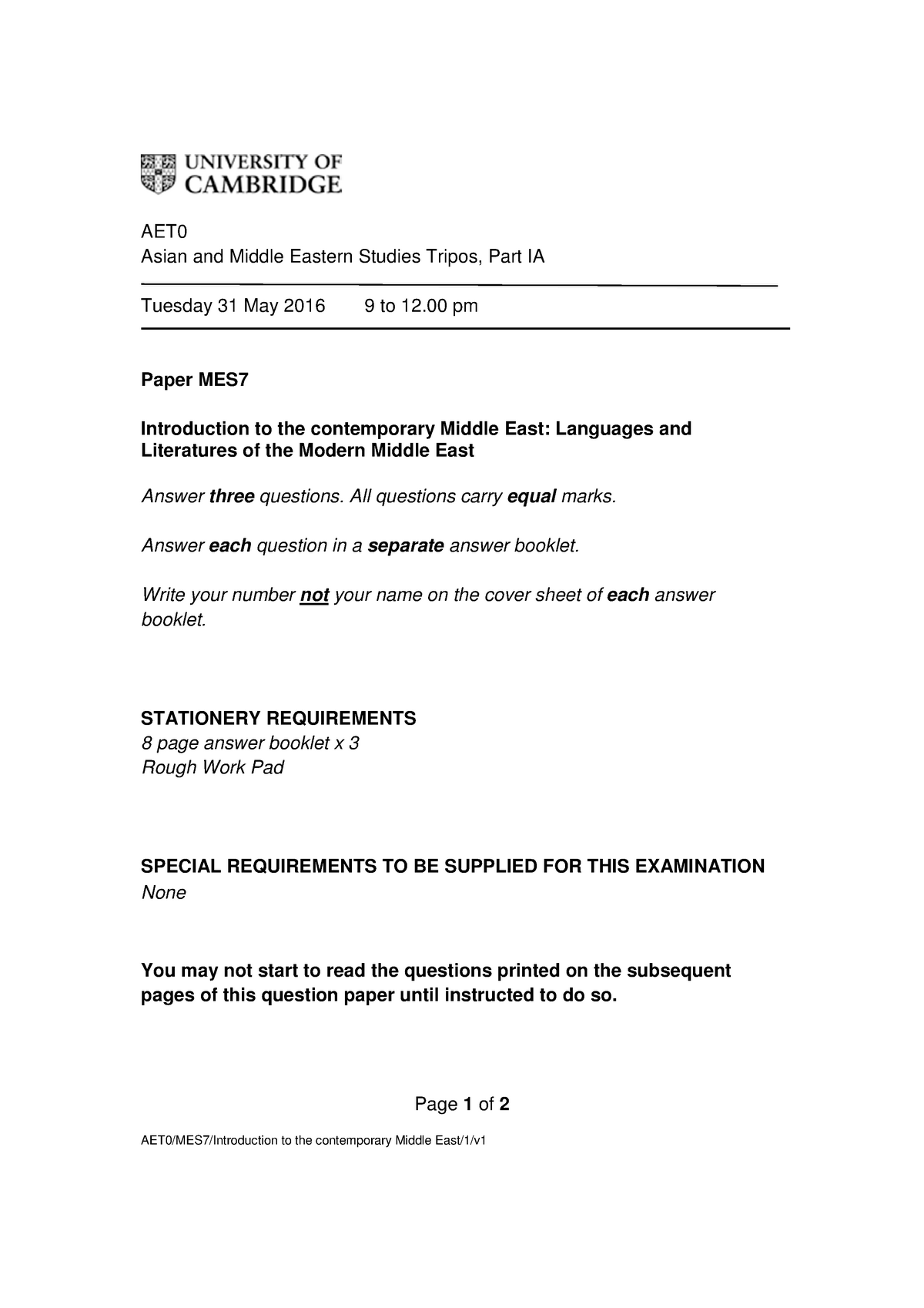 Exam 2016, questions - AET0 Asian and Middle Eastern Studies Tripos ...