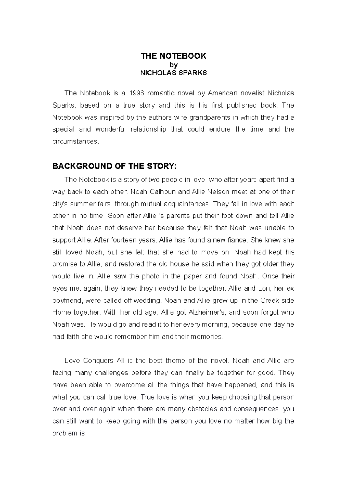 THE Notebook Lecture notes 1 THE NOTEBOOK by NICHOLAS SPARKS The