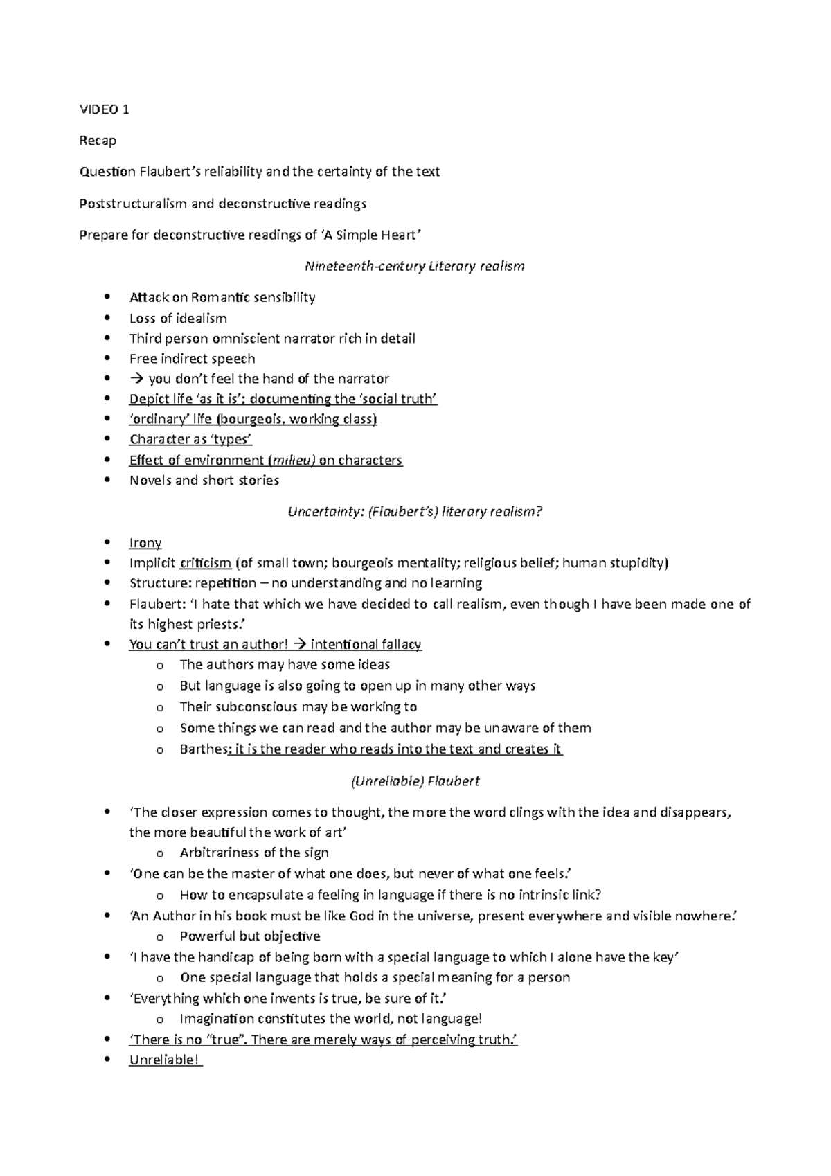 Video 1 Structuralism and poststructuralism VIDEO 1 Recap Question Flaubert’s reliability