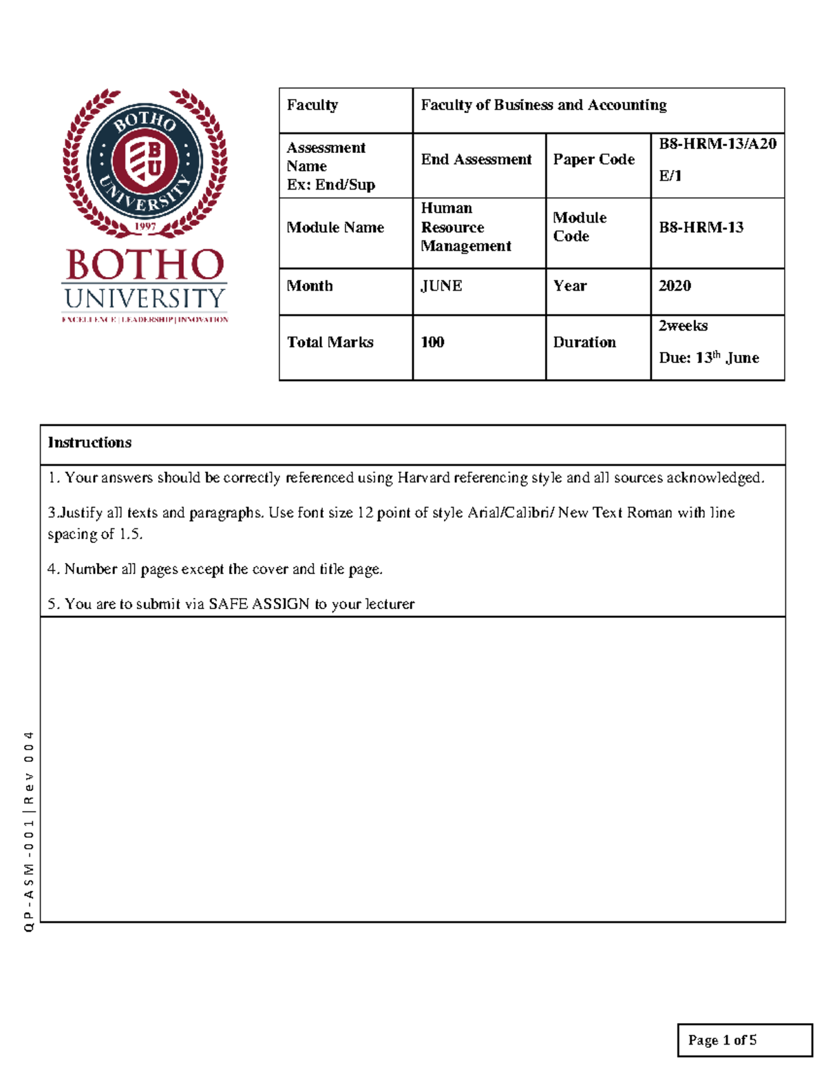 B8-HRM~1 - lecture work - Q P - A S M - 0 0 1 | R e v 0 0 4 Faculty ...