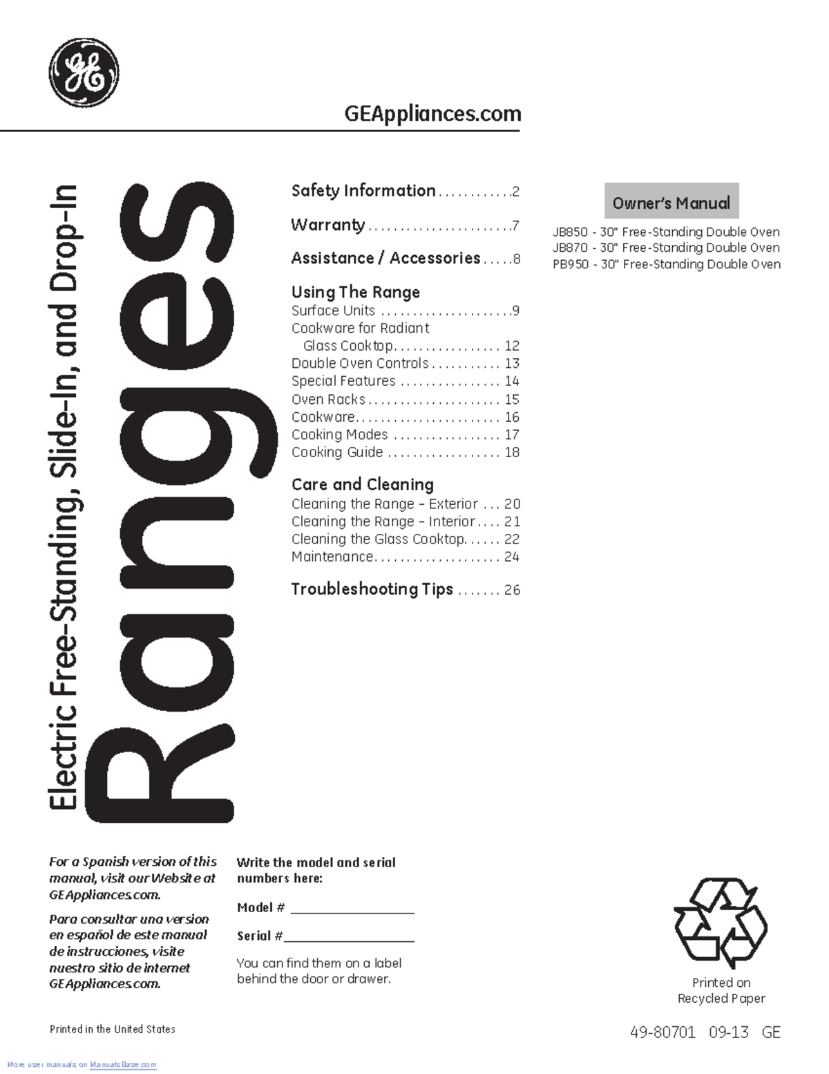 Manual GE General Electric Double Oven JB850 Manuals Base 4980701