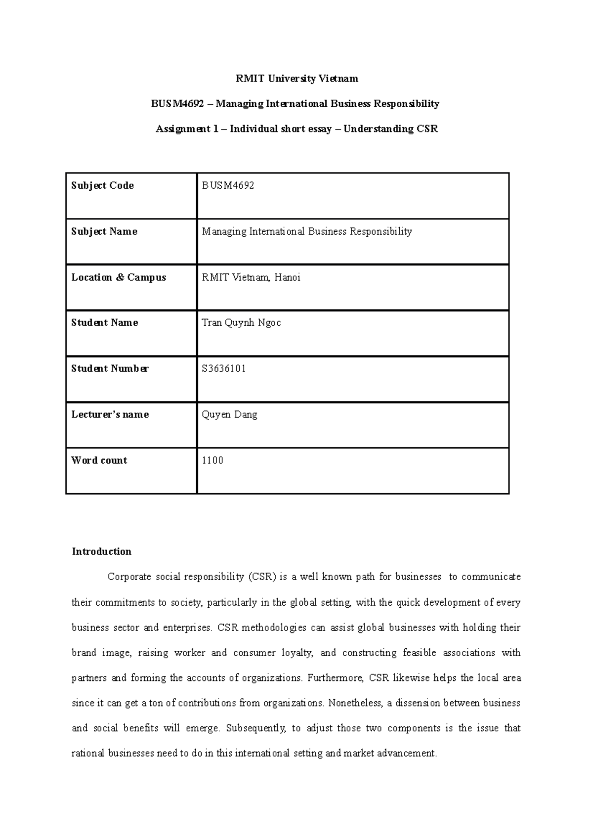 RMIT MIBR Assignment 1 - RMIT University Vietnam BUSM4692 – Managing ...