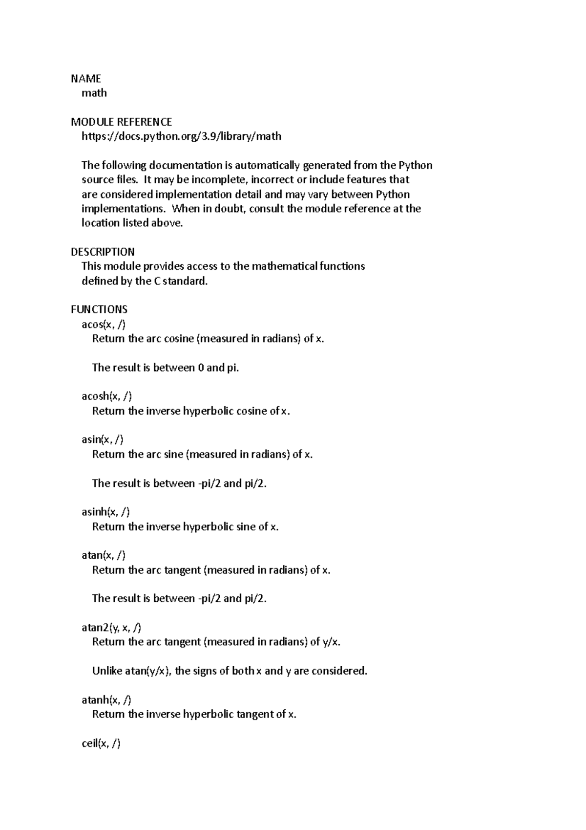 Math module - maths function that can be used - NAMEmath MODULE - Studocu