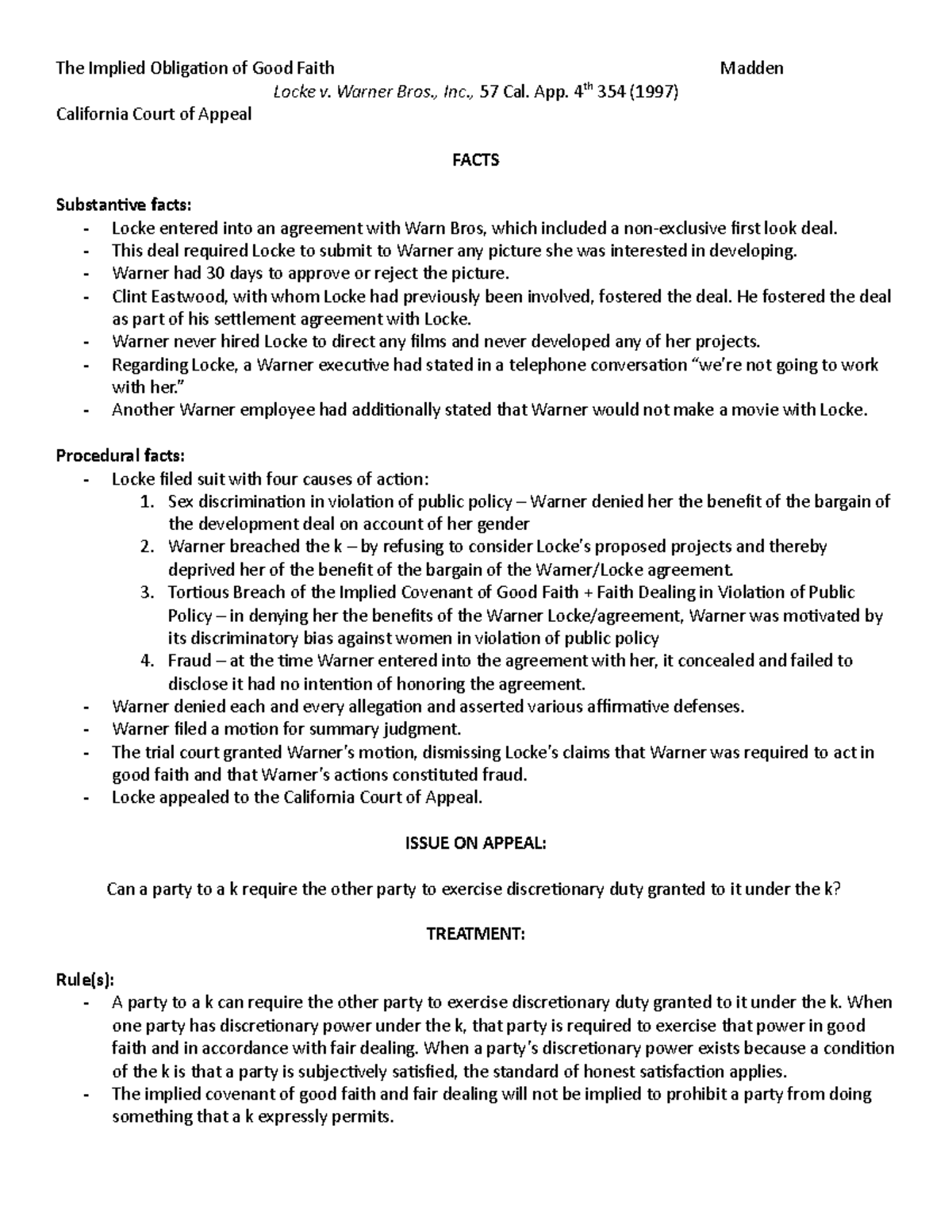 Brief - Locke v Warner Bros, Inc - The Implied Obligation of Good Faith