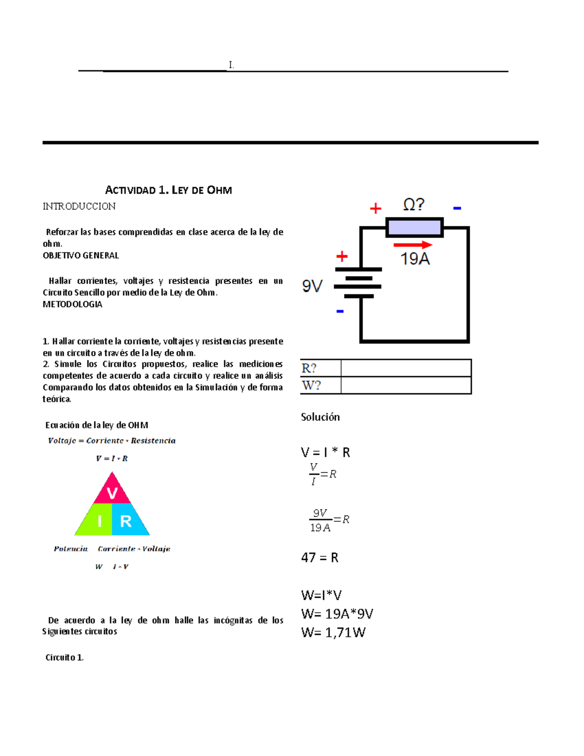 Tarea Fisica - Laboratorio - I. ACTIVIDAD 1. LEY DE OHM INTRODUCCION ...