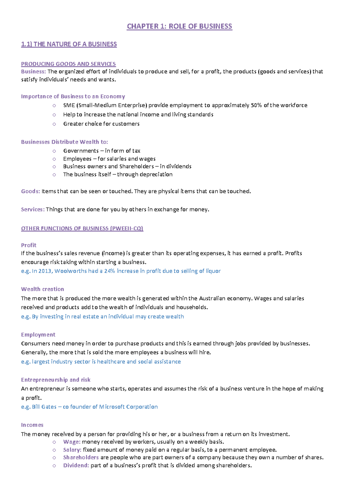 YEAR 11 Business Notes (002) - CHAPTER 1: ROLE OF BUSINESS 1) THE ...