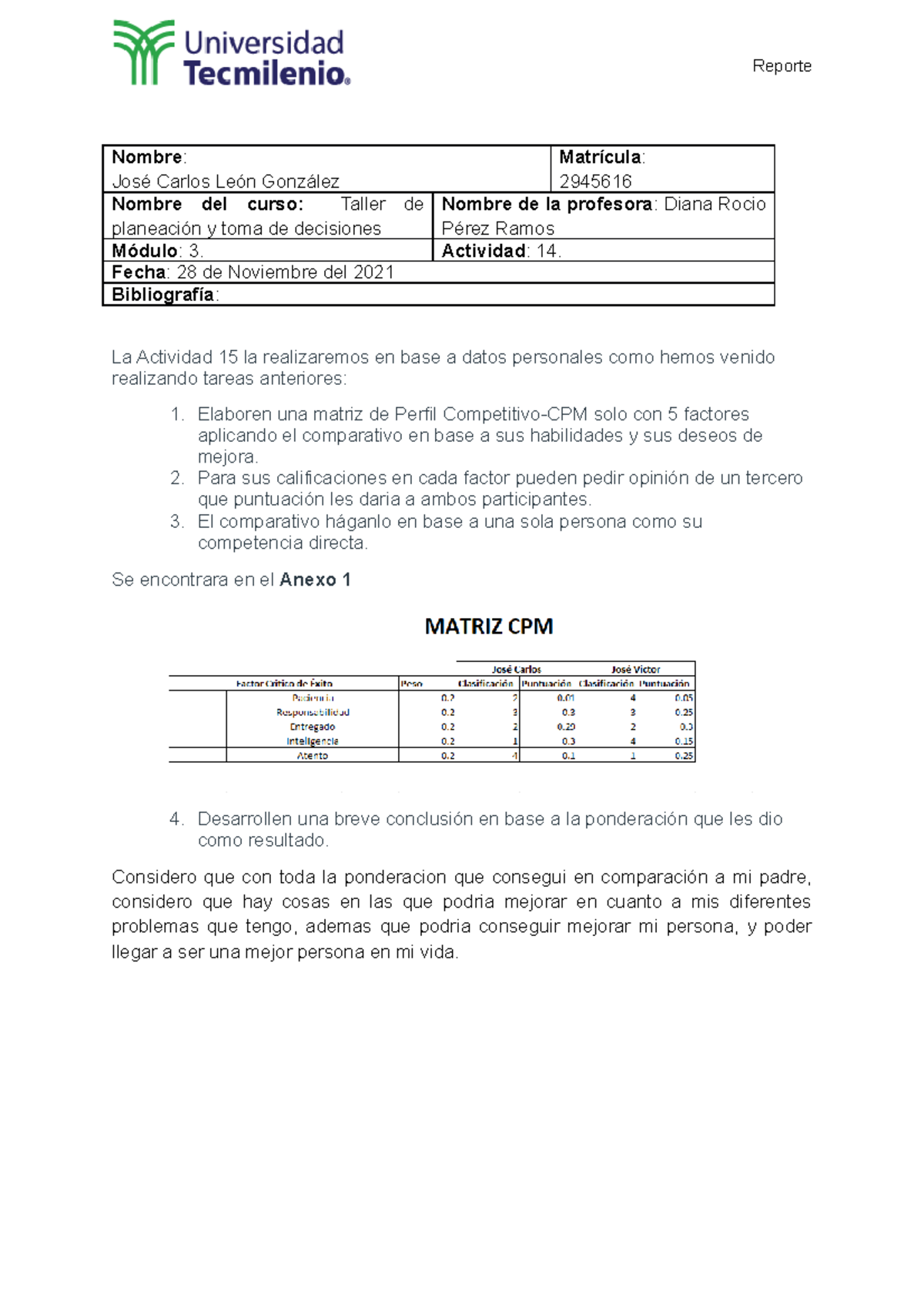 Taller de planeación y toma de decisiones Actividad 15 - Reporte Nombre ...