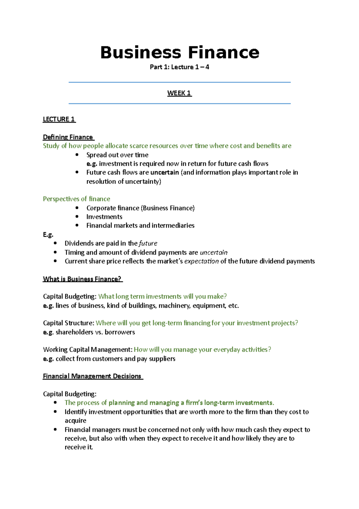 Business Finance Part 1 Weeks 1 - 4 - Business Finance Part 1: Lecture ...