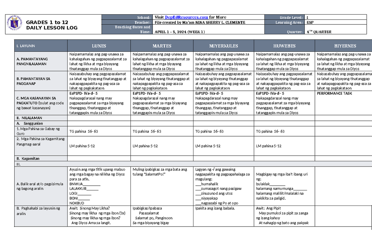 Dll Esp 1 Q4 W1 Daily Lesson Log Grades 1 To 12 Daily Lesson Log School Visit 4931