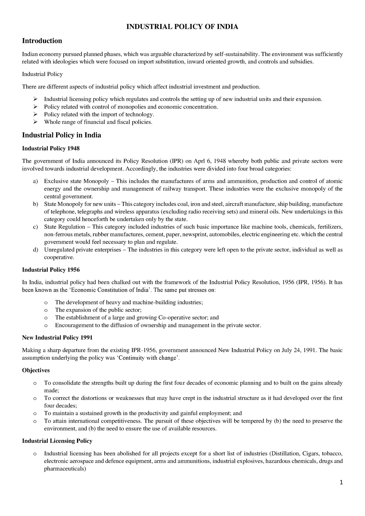 Industrial Policy OF India - 1 INDUSTRIAL POLICY OF INDIA Introduction ...