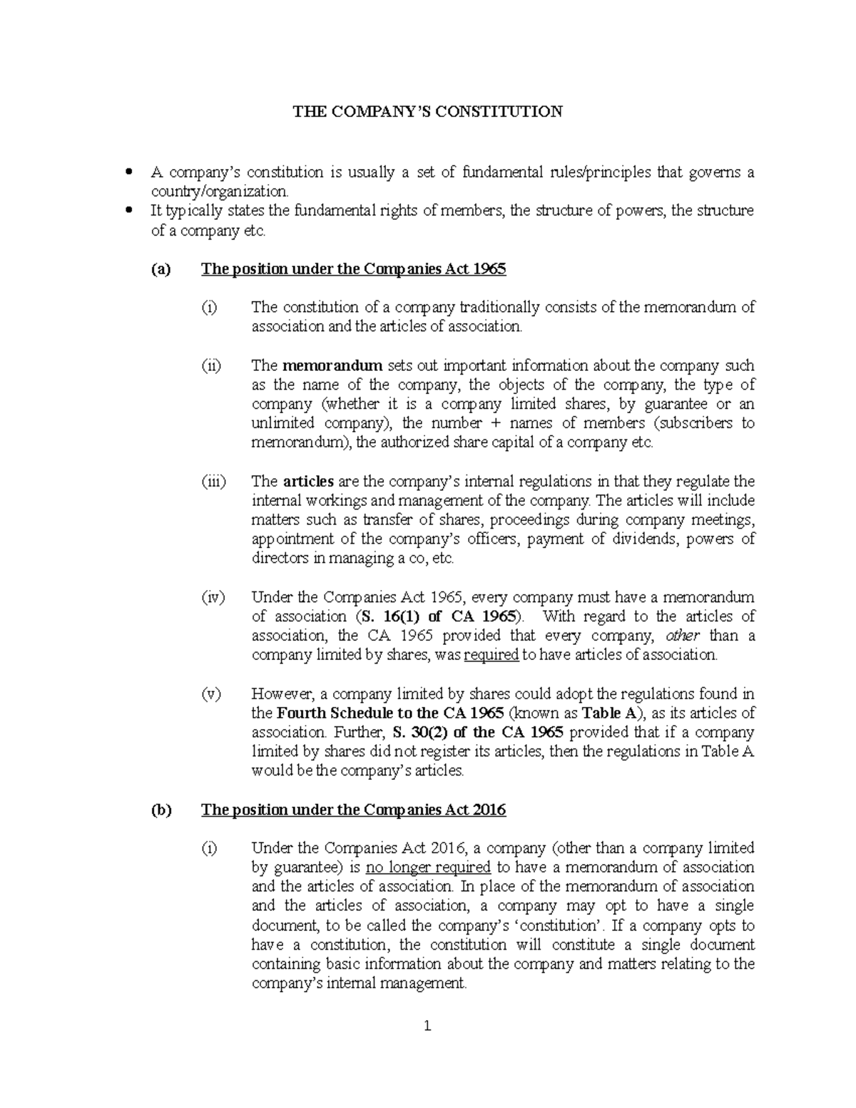 Topic 4 Company's Constitution THE COMPANY’S CONSTITUTION A company’s