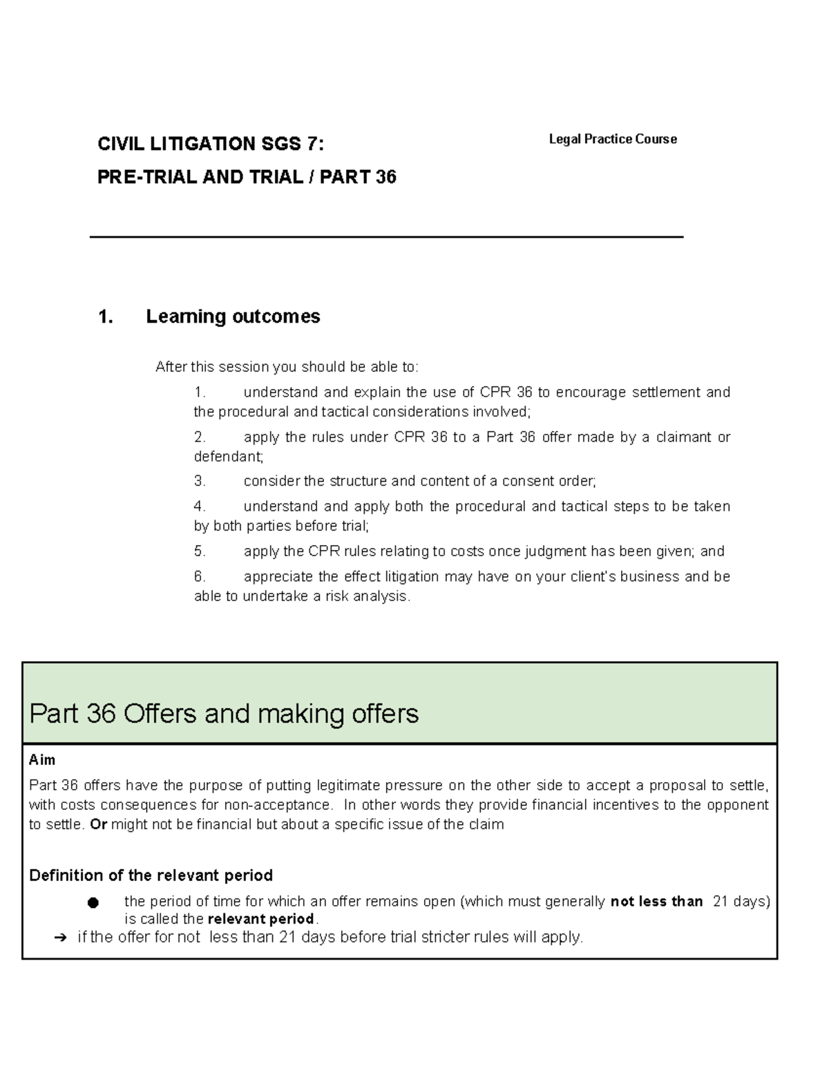 Part 36 LPC Notes - Civil Litigation Part 36 - CIVIL LITIGATION SGS 7 ...