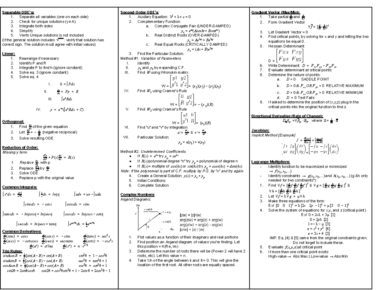 ENGI 3424 Final EXAM Formula Sheet - Separable ODE’s: 1. Separate all ...