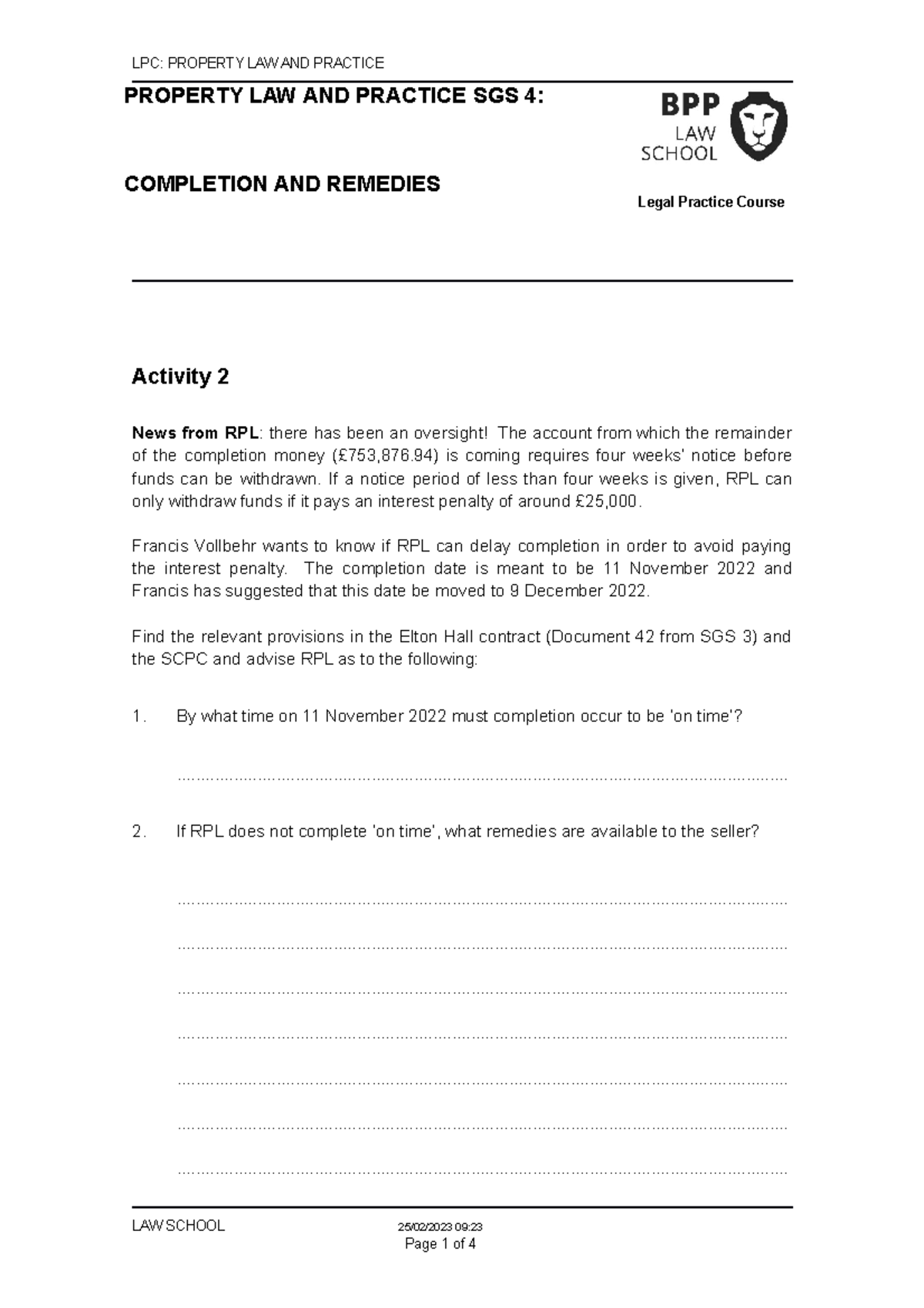Property SGS 4 Activity Pack 202223 LPC PROPERTY LAW AND PRACTICE