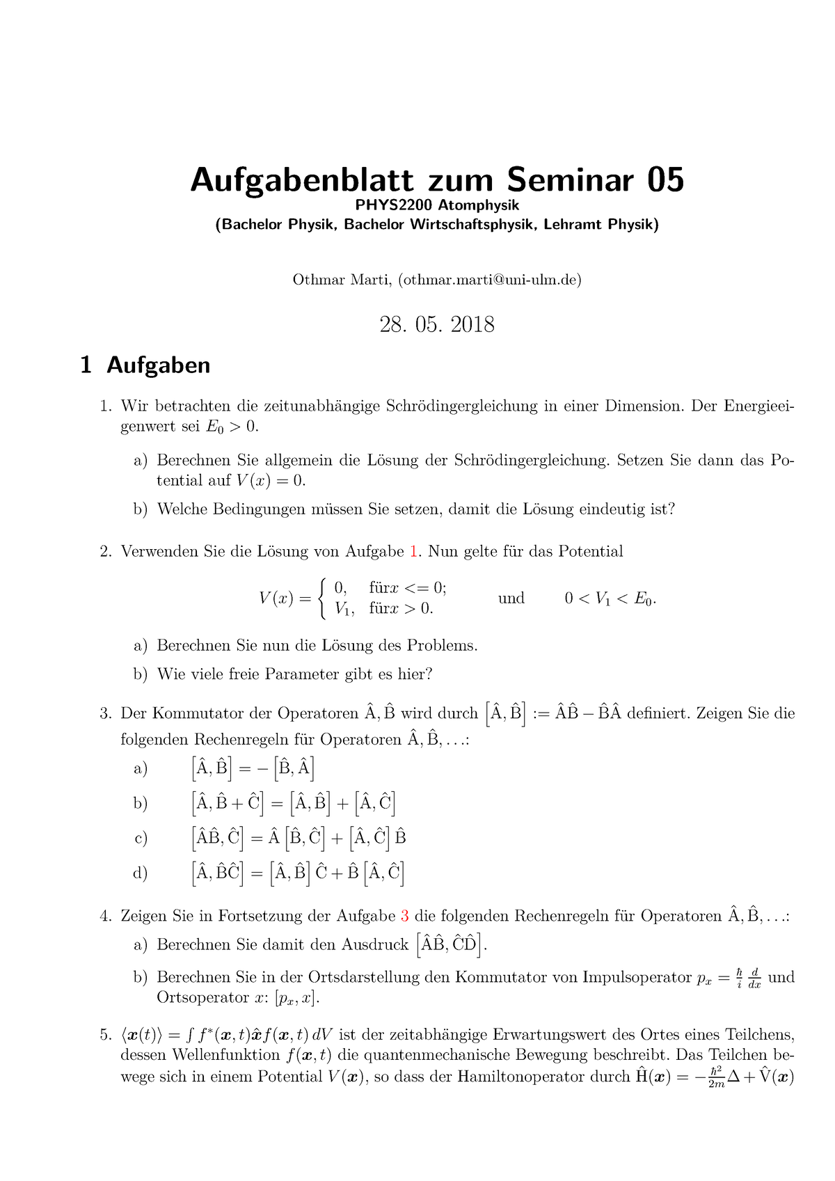 Aufgabenblatt 05 Zu Den Seminaren Vom 28. 05. 2018 Mit L”sungen ...