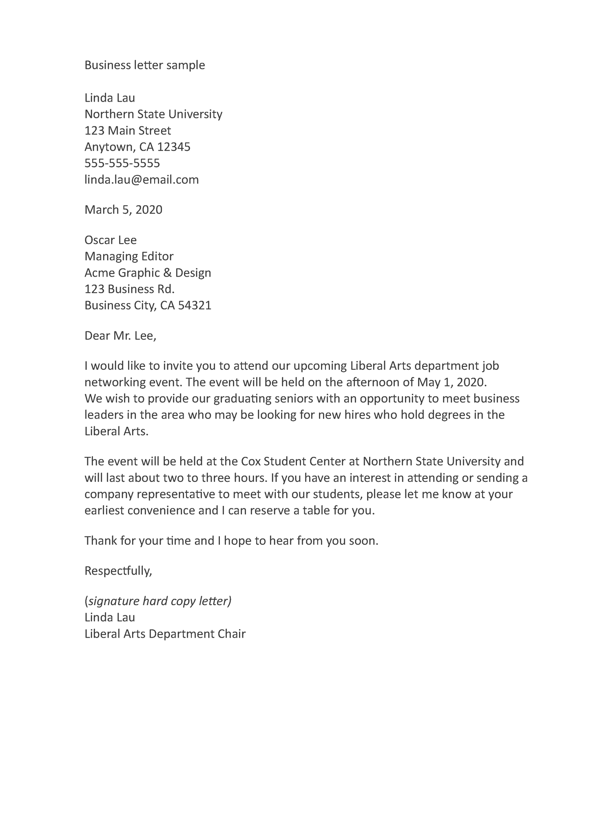 Business letter sample - Business letter sample Linda Lau Northern ...