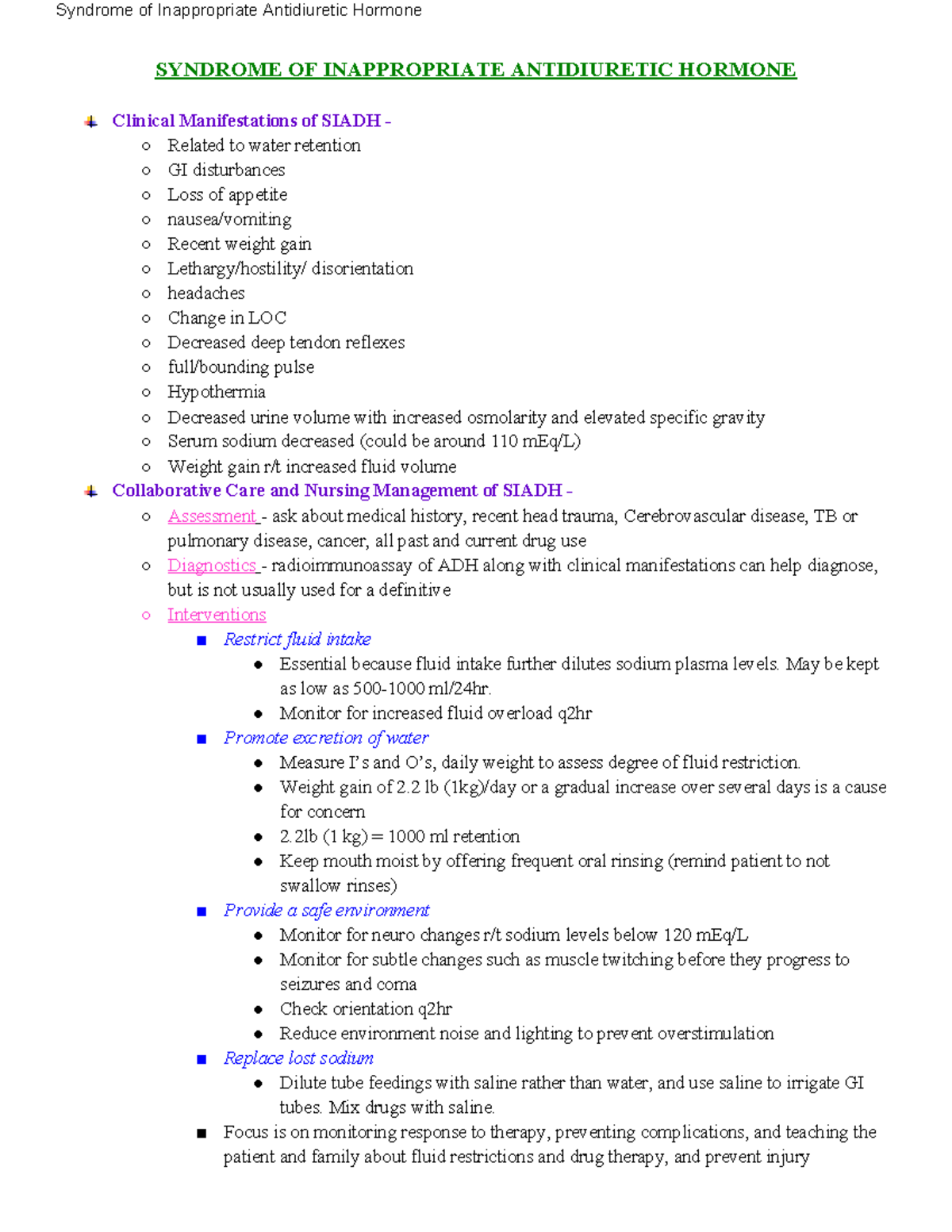 Siadh-4 - notes - Syndrome of Inappropriate Antidiuretic Hormone ...