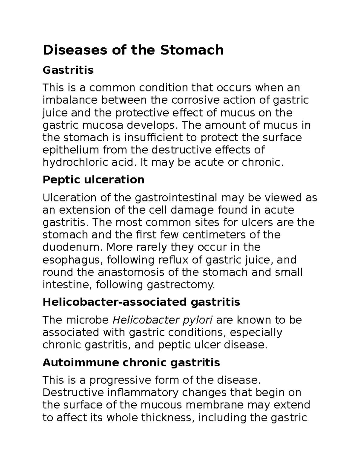 Bio 25 notes Diseases of the Stomach Gastritis This is a common