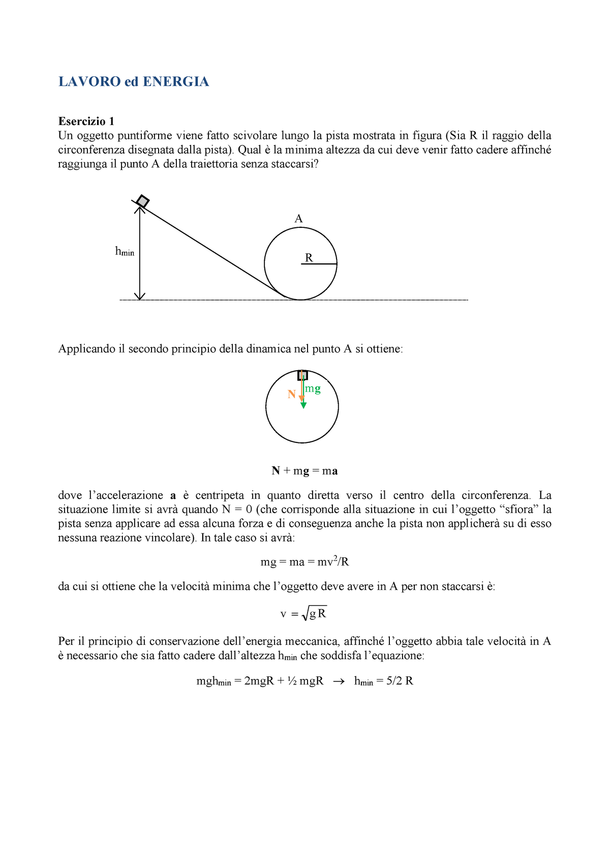 5 Lavoro-energia Fisica 1 Esercizi - LAVORO Ed ENERGIA Esercizio 1 Un ...