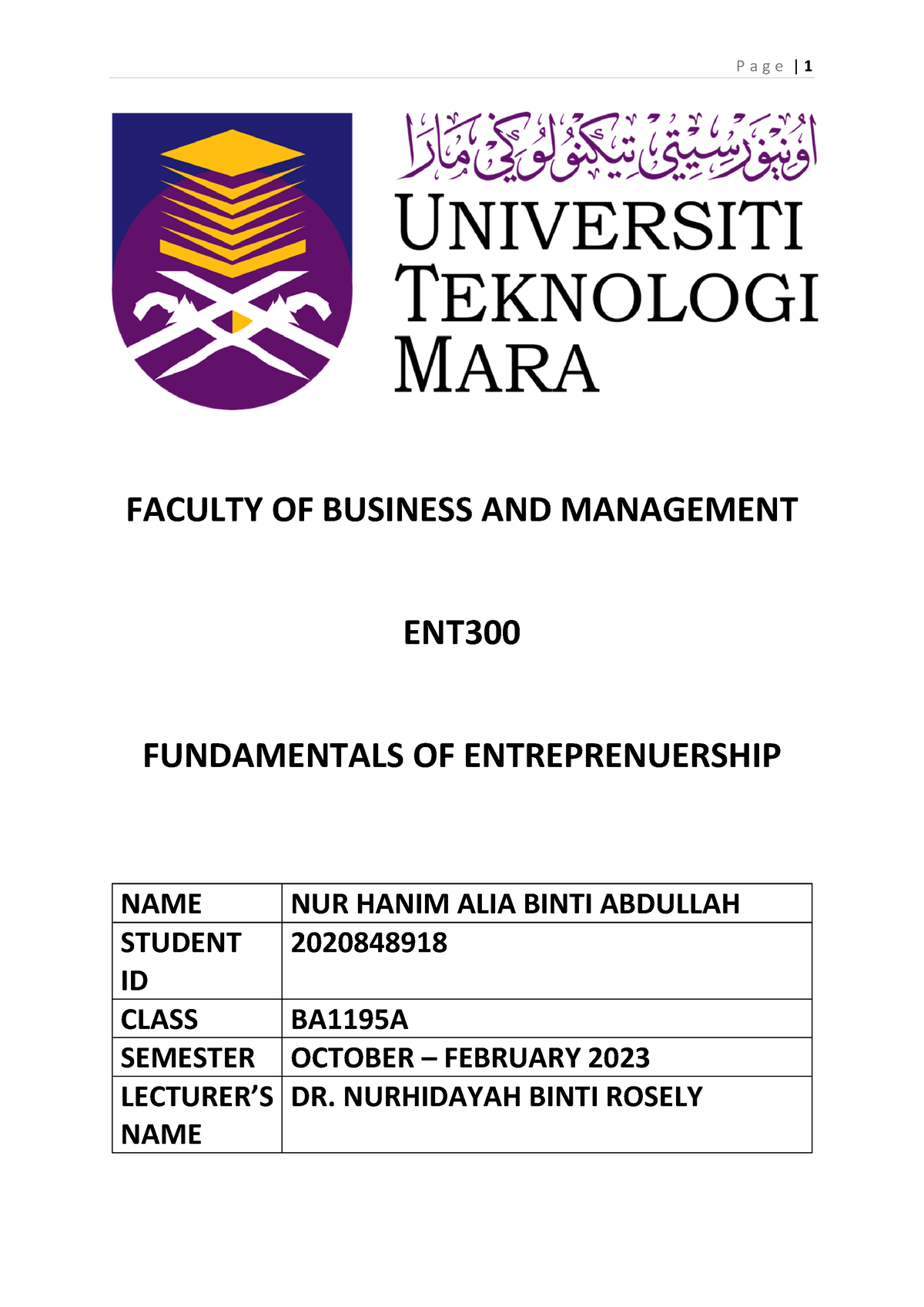 ENT300 Individual NUR Hanim ALIA Abdullah - FACULTY OF BUSINESS AND ...