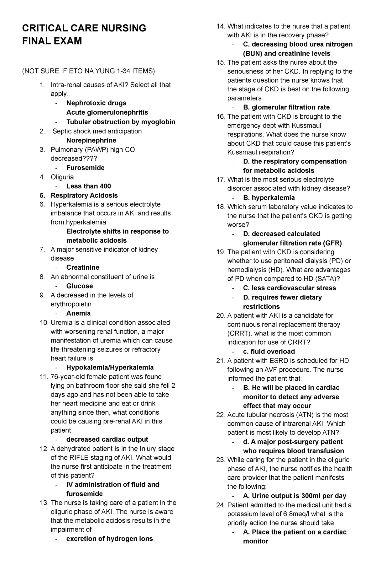 critical care nursing final exam questions