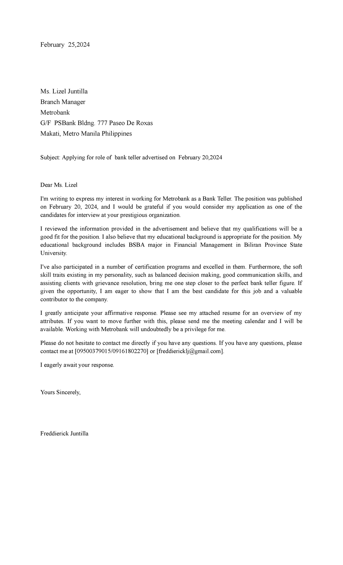 Application Letter Business Correspondence - February 25, Ms. Lizel ...