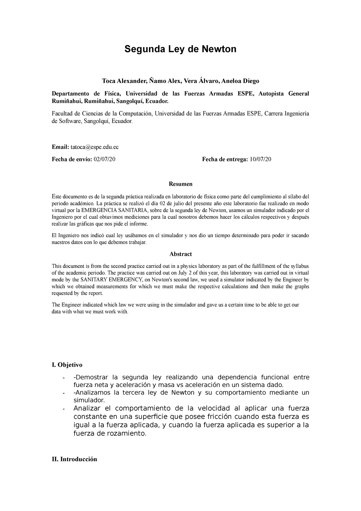 Informe LEY DE Newton practica de laboratorio - Segunda Ley de Newton Toca  Alexander, Ñamo Alex, - Studocu
