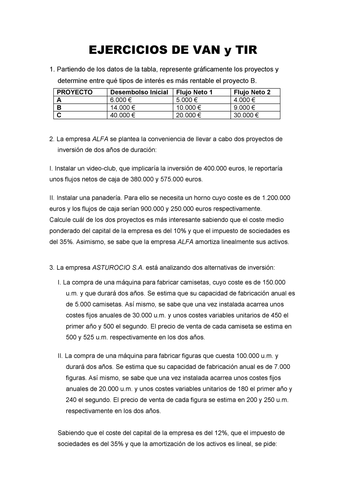 Ejercicios DE VAN Y TIR - EJERCICIOS DE VAN Y TIR 1. Partiendo De Los ...