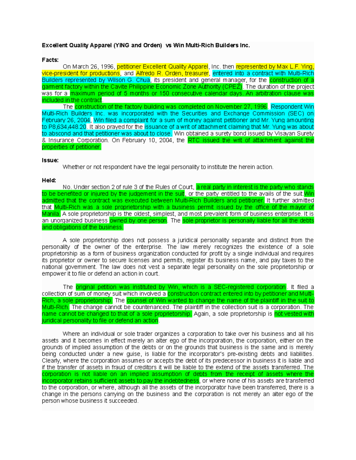 2. Excellent Quality Apparel vs Win Multi Rich Builders Inc Excellent